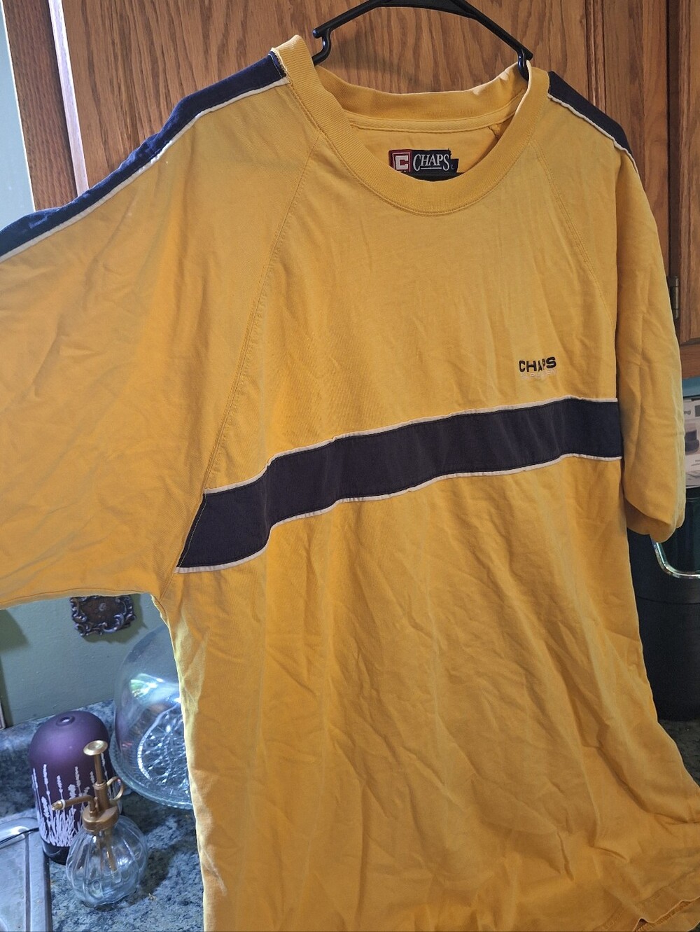 [[CHAPS RL]] Yellow Short-Sleeve Tee with Navy Chest Stripe - Picture 3 of 5
